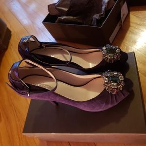 NIB! Vintage! 7.5 Elie Tahari heels gem crystal Catalina Peep NEW 06 eggplant